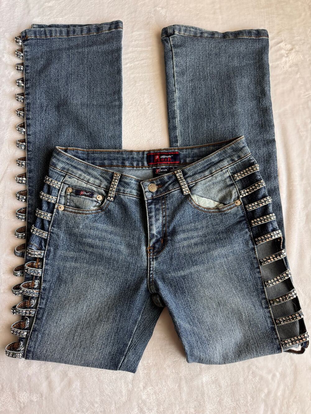 Platinum Plush Y2K Rhinestone Cutout Jeans Size 5 Bedazzled Side Ladder Straps